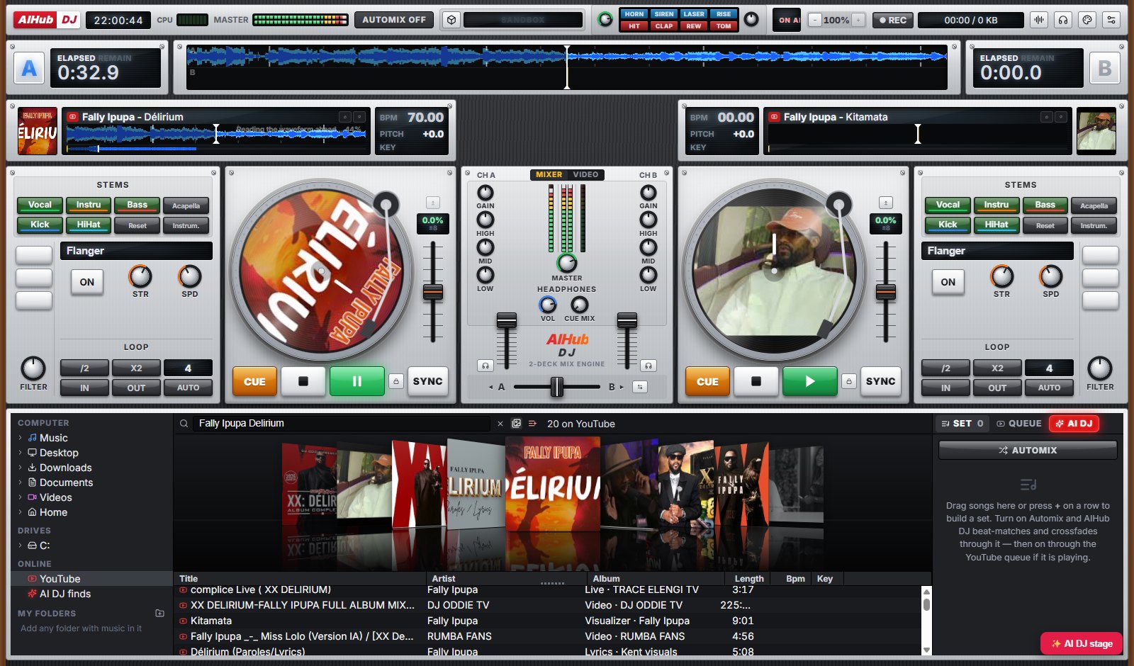 AIHub DJ playing Fally Ipupa — Délirium on deck A, with Kitamata cued on deck B